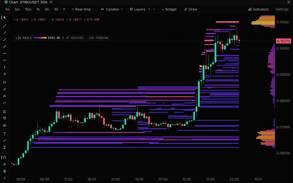Liquidation rails, ended by the candle that reaches them, beside reported liquidations.